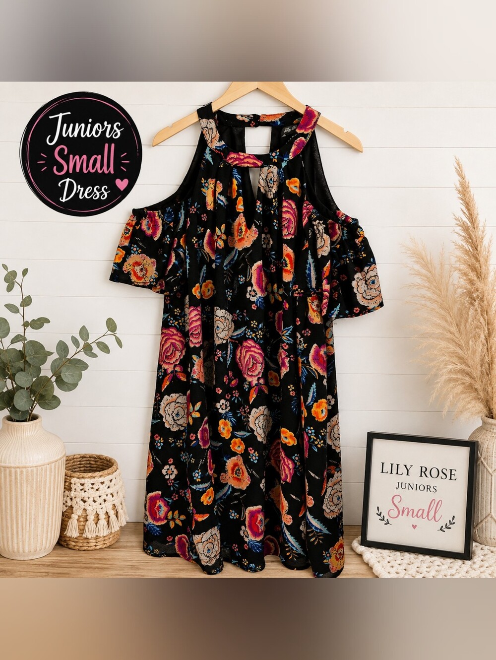 Lily Rose Black Cold-Shoulder Floral Midi Dress